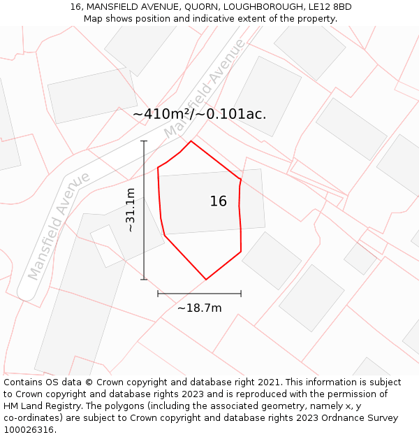 16, MANSFIELD AVENUE, QUORN, LOUGHBOROUGH, LE12 8BD: Plot and title map