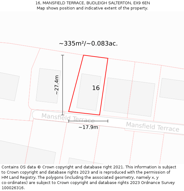 16, MANSFIELD TERRACE, BUDLEIGH SALTERTON, EX9 6EN: Plot and title map