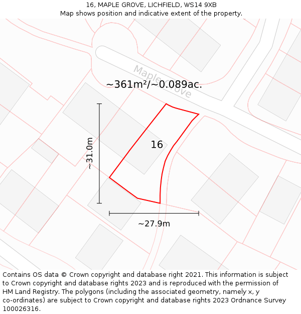 16, MAPLE GROVE, LICHFIELD, WS14 9XB: Plot and title map