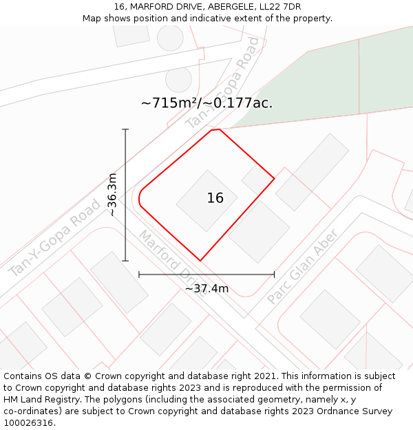 16, MARFORD DRIVE, ABERGELE, LL22 7DR: Plot and title map