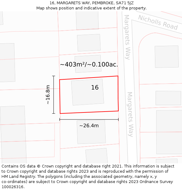 16, MARGARETS WAY, PEMBROKE, SA71 5JZ: Plot and title map