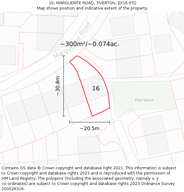 16, MARGUERITE ROAD, TIVERTON, EX16 6TD: Plot and title map