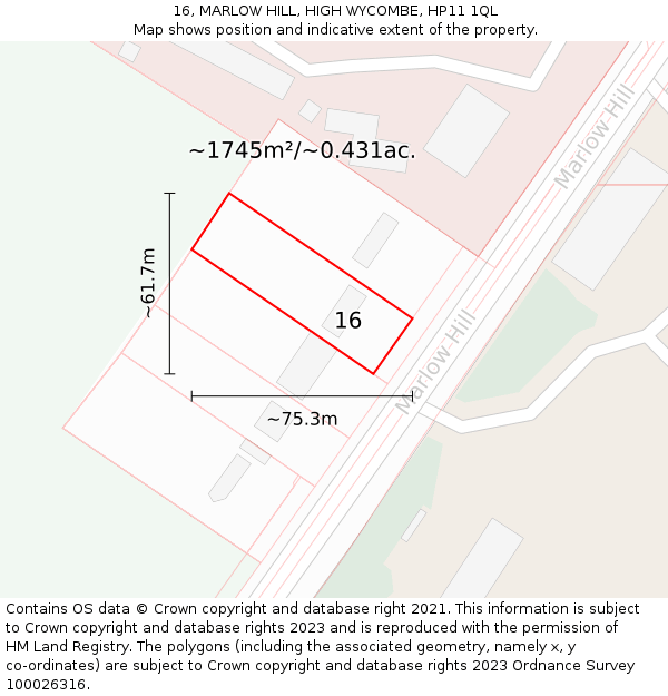 16, MARLOW HILL, HIGH WYCOMBE, HP11 1QL: Plot and title map