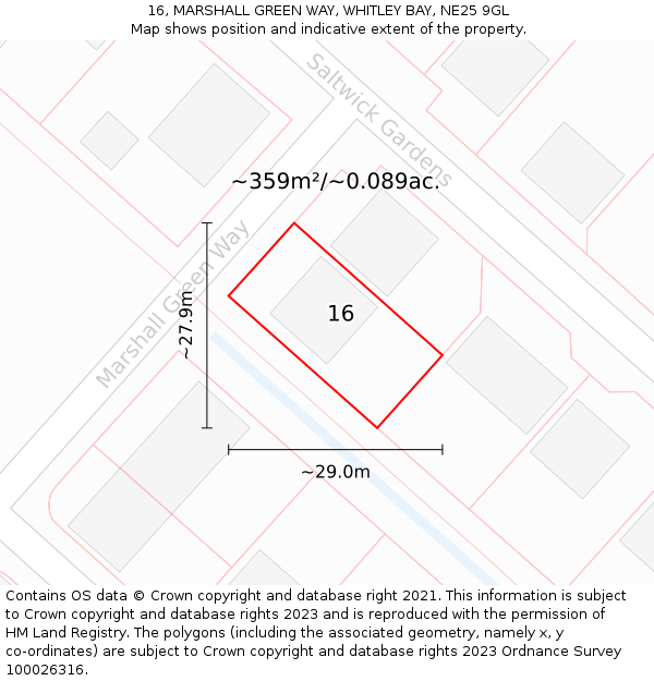 16, MARSHALL GREEN WAY, WHITLEY BAY, NE25 9GL: Plot and title map