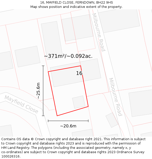 16, MAYFIELD CLOSE, FERNDOWN, BH22 9HS: Plot and title map