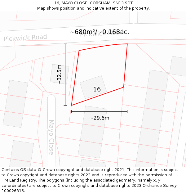16, MAYO CLOSE, CORSHAM, SN13 9DT: Plot and title map