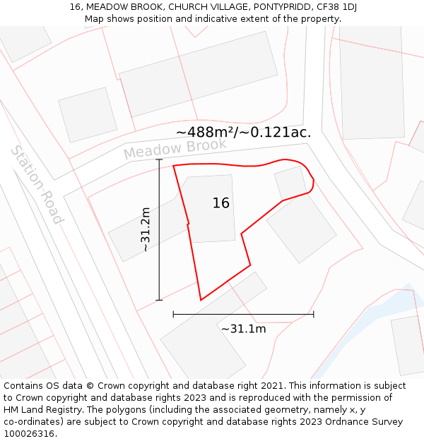 16, MEADOW BROOK, CHURCH VILLAGE, PONTYPRIDD, CF38 1DJ: Plot and title map