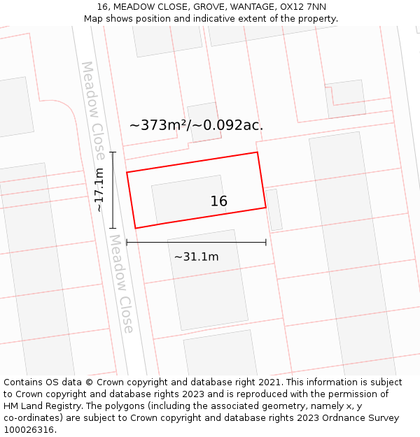 16, MEADOW CLOSE, GROVE, WANTAGE, OX12 7NN: Plot and title map