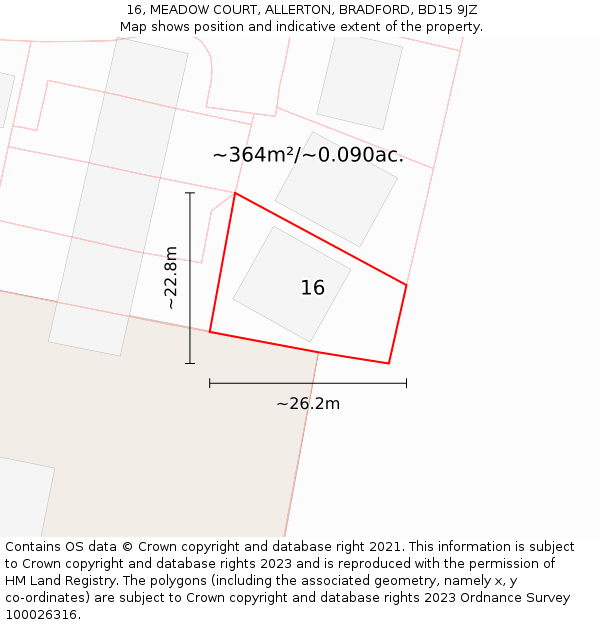 16, MEADOW COURT, ALLERTON, BRADFORD, BD15 9JZ: Plot and title map