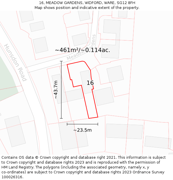 16, MEADOW GARDENS, WIDFORD, WARE, SG12 8FH: Plot and title map