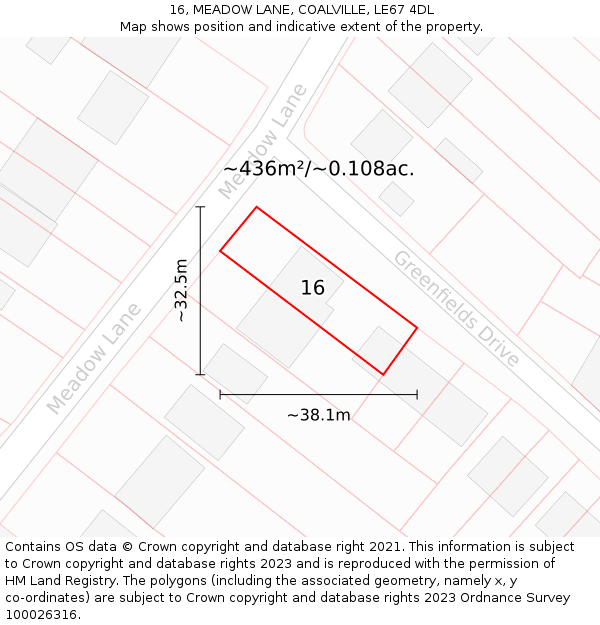 16, MEADOW LANE, COALVILLE, LE67 4DL: Plot and title map