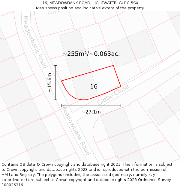 16, MEADOWBANK ROAD, LIGHTWATER, GU18 5SX: Plot and title map