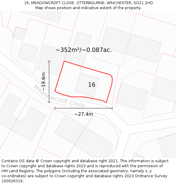 16, MEADOWCROFT CLOSE, OTTERBOURNE, WINCHESTER, SO21 2HD: Plot and title map