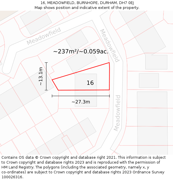 16, MEADOWFIELD, BURNHOPE, DURHAM, DH7 0EJ: Plot and title map