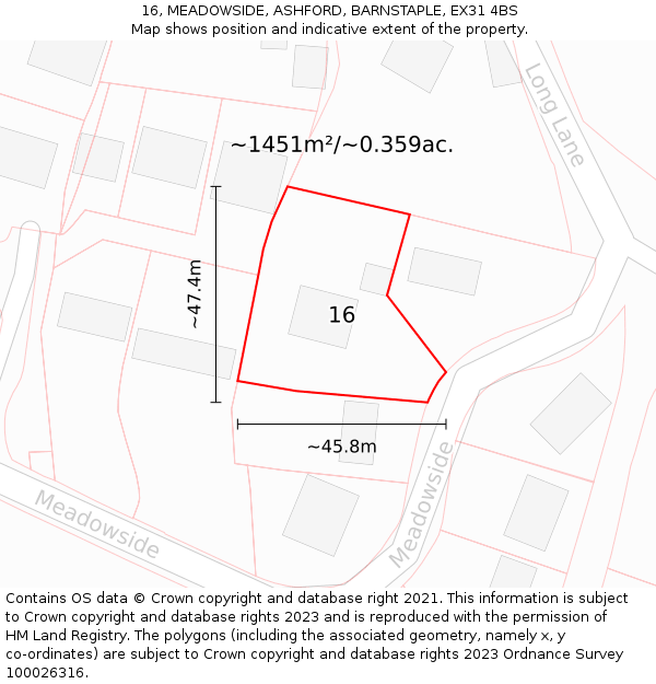 16, MEADOWSIDE, ASHFORD, BARNSTAPLE, EX31 4BS: Plot and title map