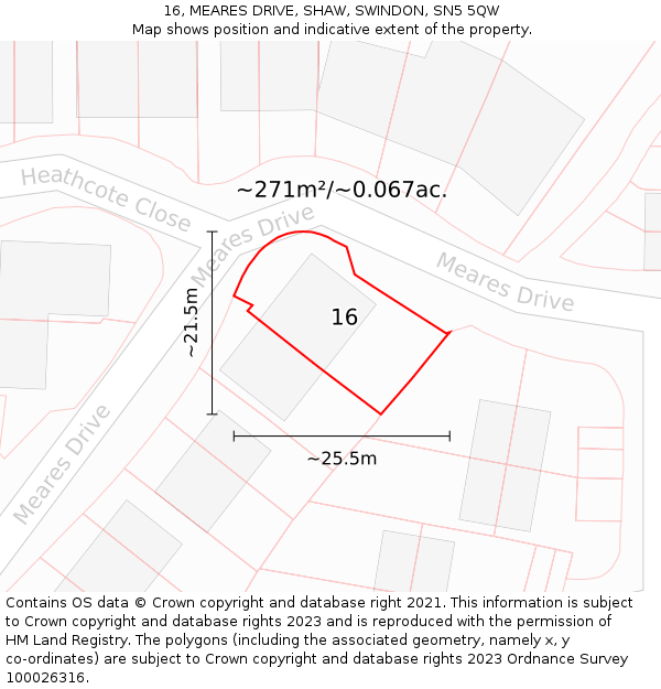 16, MEARES DRIVE, SHAW, SWINDON, SN5 5QW: Plot and title map