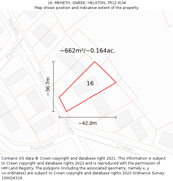 16, MENETH, GWEEK, HELSTON, TR12 6UW: Plot and title map