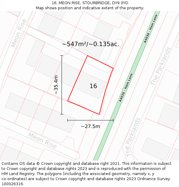 16, MEON RISE, STOURBRIDGE, DY9 0YD: Plot and title map