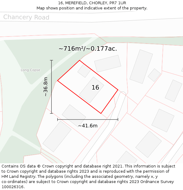 16, MEREFIELD, CHORLEY, PR7 1UR: Plot and title map