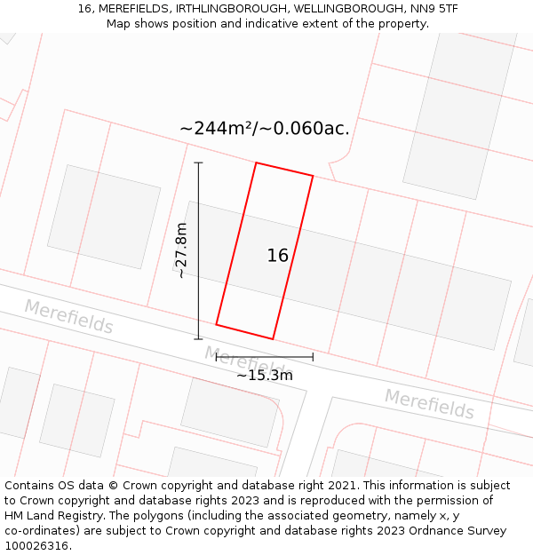 16, MEREFIELDS, IRTHLINGBOROUGH, WELLINGBOROUGH, NN9 5TF: Plot and title map