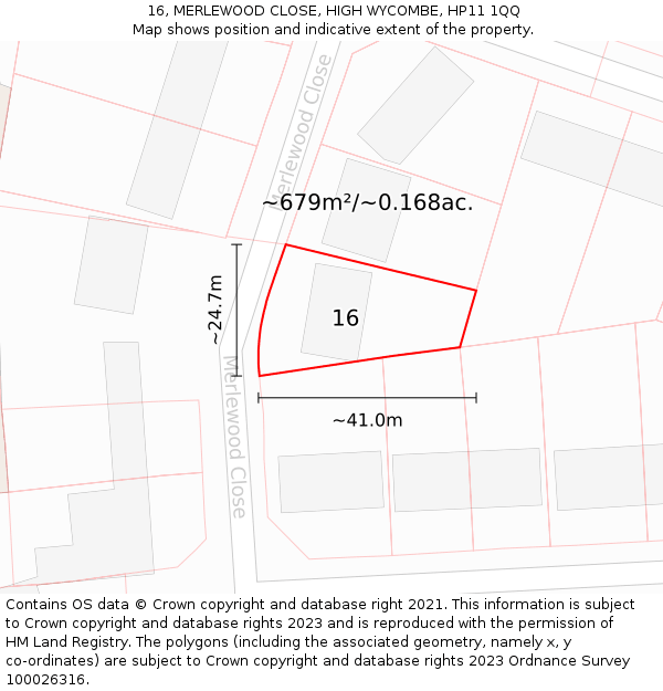 16, MERLEWOOD CLOSE, HIGH WYCOMBE, HP11 1QQ: Plot and title map