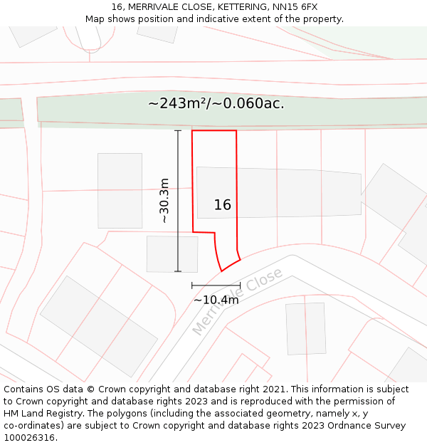 16, MERRIVALE CLOSE, KETTERING, NN15 6FX: Plot and title map