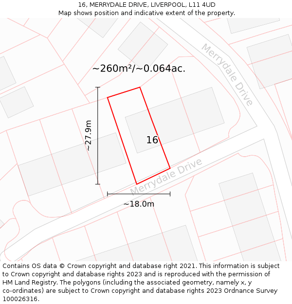 16, MERRYDALE DRIVE, LIVERPOOL, L11 4UD: Plot and title map