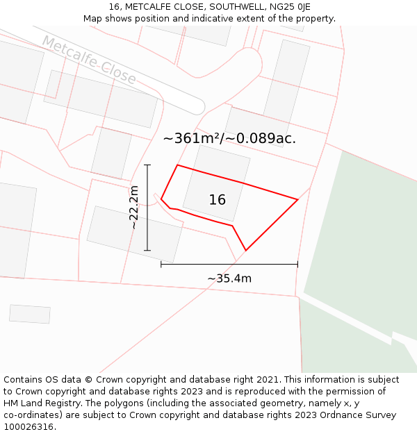 16, METCALFE CLOSE, SOUTHWELL, NG25 0JE: Plot and title map