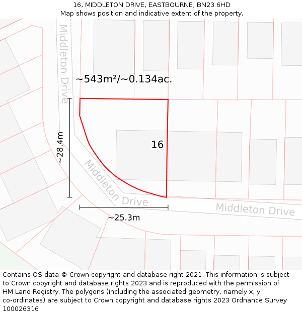 16, MIDDLETON DRIVE, EASTBOURNE, BN23 6HD: Plot and title map