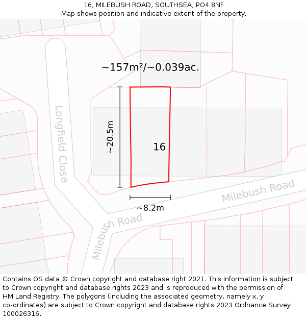 16, MILEBUSH ROAD, SOUTHSEA, PO4 8NF: Plot and title map