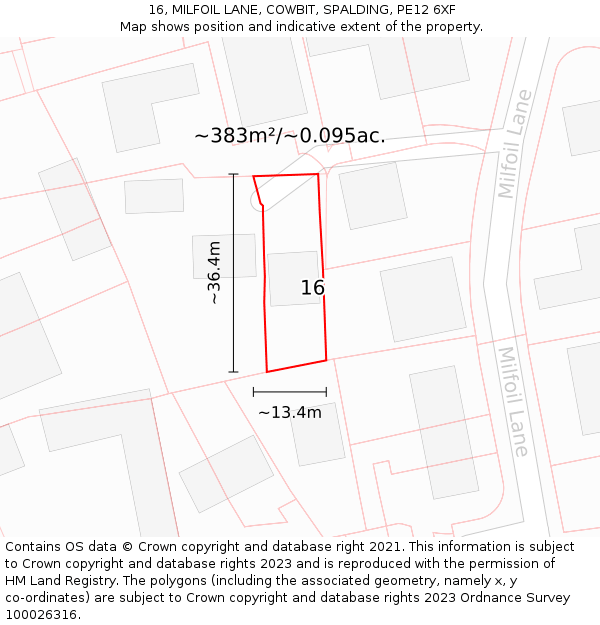 16, MILFOIL LANE, COWBIT, SPALDING, PE12 6XF: Plot and title map