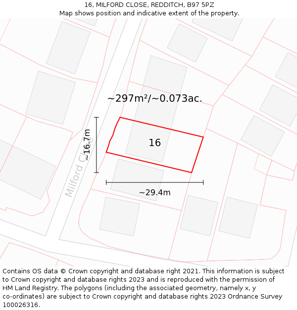 16, MILFORD CLOSE, REDDITCH, B97 5PZ: Plot and title map