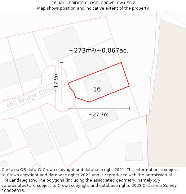 16, MILL BRIDGE CLOSE, CREWE, CW1 5DZ: Plot and title map