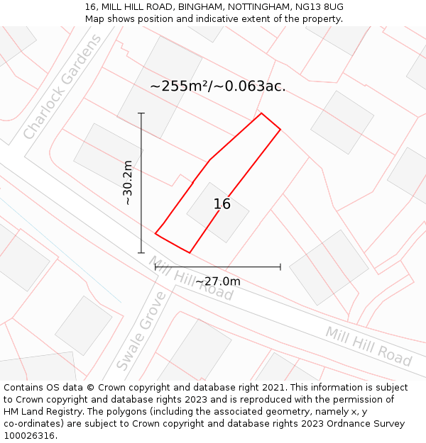 16, MILL HILL ROAD, BINGHAM, NOTTINGHAM, NG13 8UG: Plot and title map