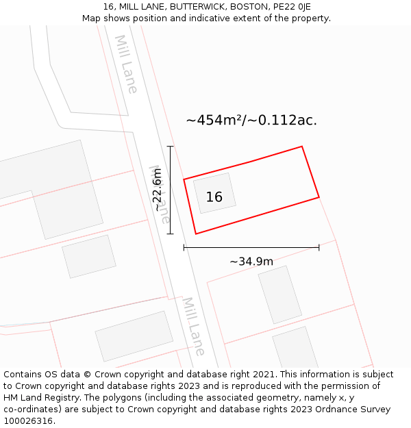 16, MILL LANE, BUTTERWICK, BOSTON, PE22 0JE: Plot and title map