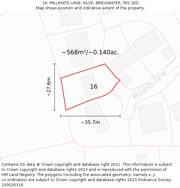 16, MILLANDS LANE, KILVE, BRIDGWATER, TA5 1ED: Plot and title map