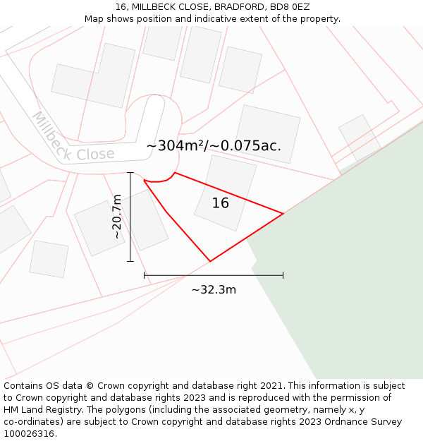 16, MILLBECK CLOSE, BRADFORD, BD8 0EZ: Plot and title map