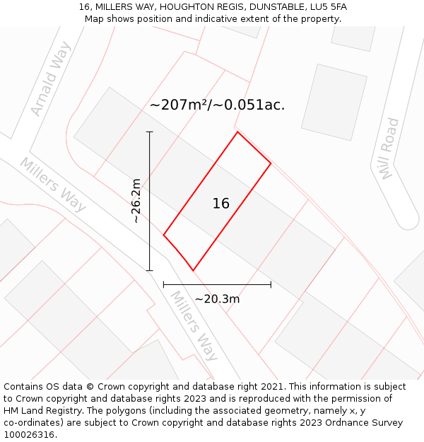 16, MILLERS WAY, HOUGHTON REGIS, DUNSTABLE, LU5 5FA: Plot and title map