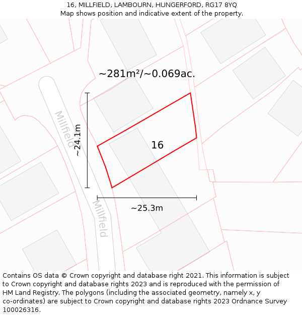 16, MILLFIELD, LAMBOURN, HUNGERFORD, RG17 8YQ: Plot and title map