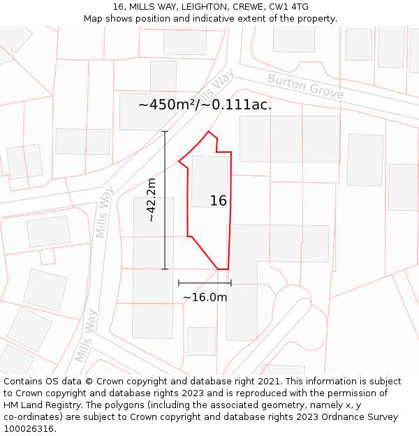 16, MILLS WAY, LEIGHTON, CREWE, CW1 4TG: Plot and title map