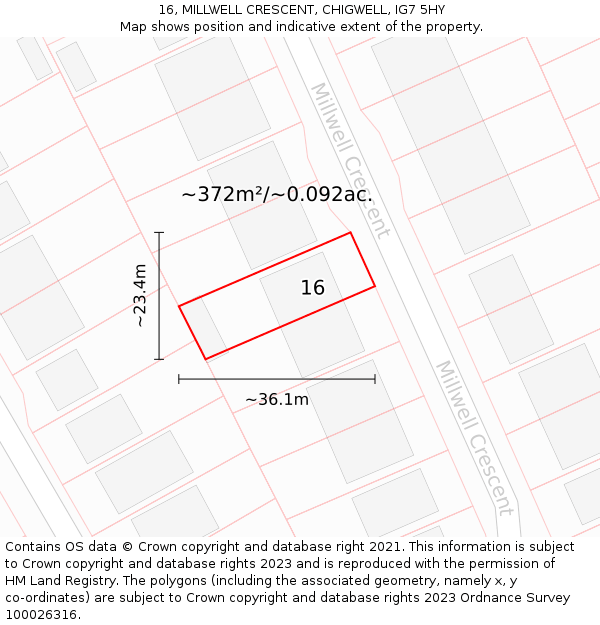 16, MILLWELL CRESCENT, CHIGWELL, IG7 5HY: Plot and title map