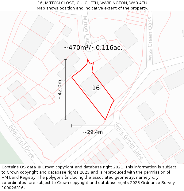 16, MITTON CLOSE, CULCHETH, WARRINGTON, WA3 4EU: Plot and title map