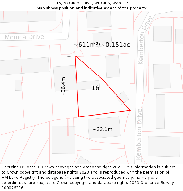 16, MONICA DRIVE, WIDNES, WA8 9JP: Plot and title map