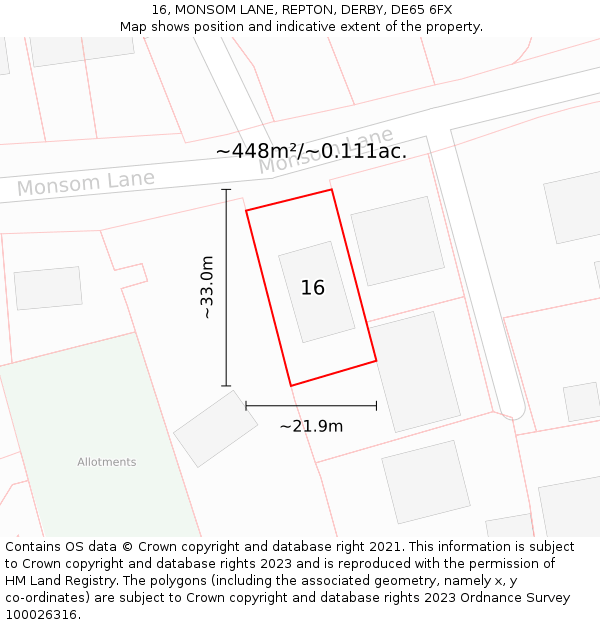 16, MONSOM LANE, REPTON, DERBY, DE65 6FX: Plot and title map