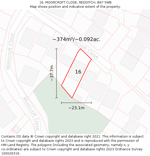 16, MOORCROFT CLOSE, REDDITCH, B97 5WB: Plot and title map