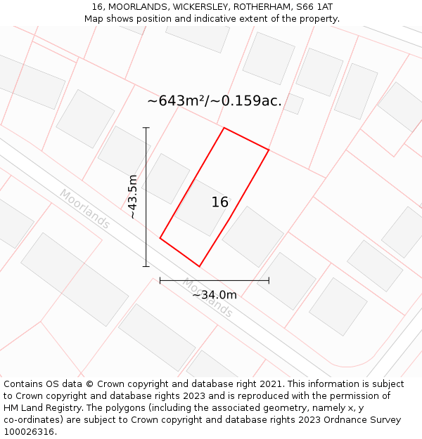 16, MOORLANDS, WICKERSLEY, ROTHERHAM, S66 1AT: Plot and title map