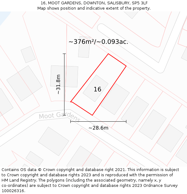 16, MOOT GARDENS, DOWNTON, SALISBURY, SP5 3LF: Plot and title map