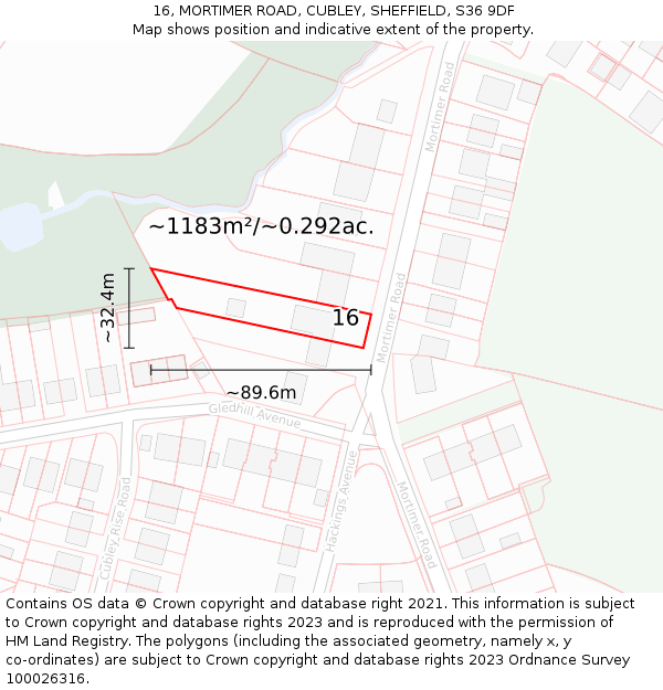 16, MORTIMER ROAD, CUBLEY, SHEFFIELD, S36 9DF: Plot and title map