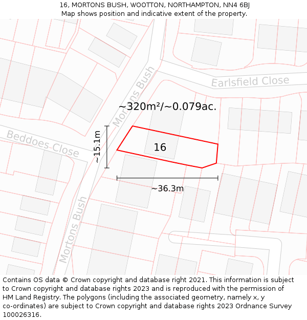 16, MORTONS BUSH, WOOTTON, NORTHAMPTON, NN4 6BJ: Plot and title map