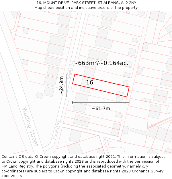 16, MOUNT DRIVE, PARK STREET, ST ALBANS, AL2 2NY: Plot and title map